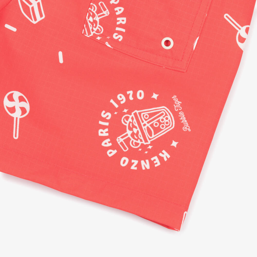 KENZO KIDS-Boys Red Swim Shorts with Panda Ice Cream Logos | Childrensalon