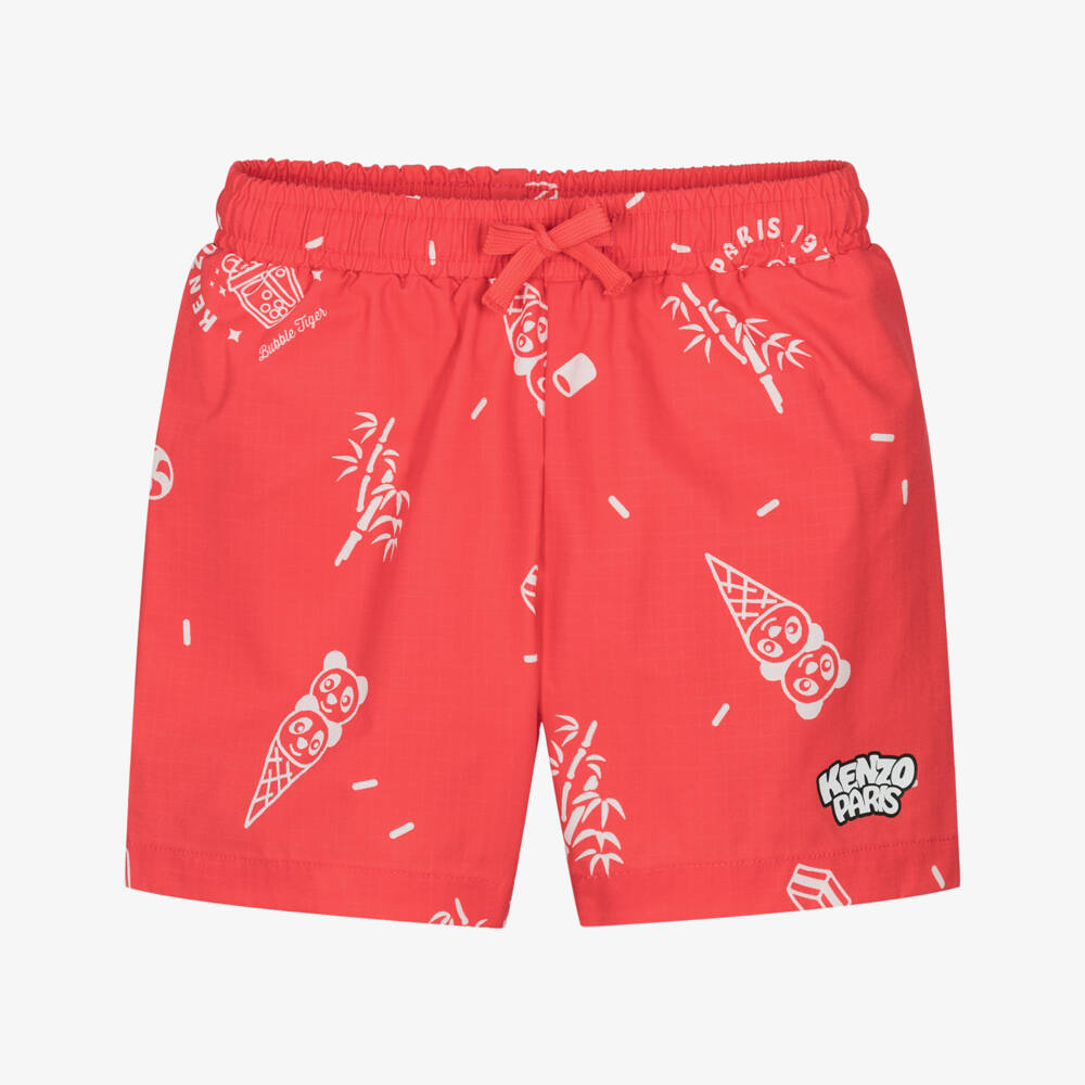 KENZO KIDS-Boys Red Swim Shorts with Panda Ice Cream Logos | Childrensalon