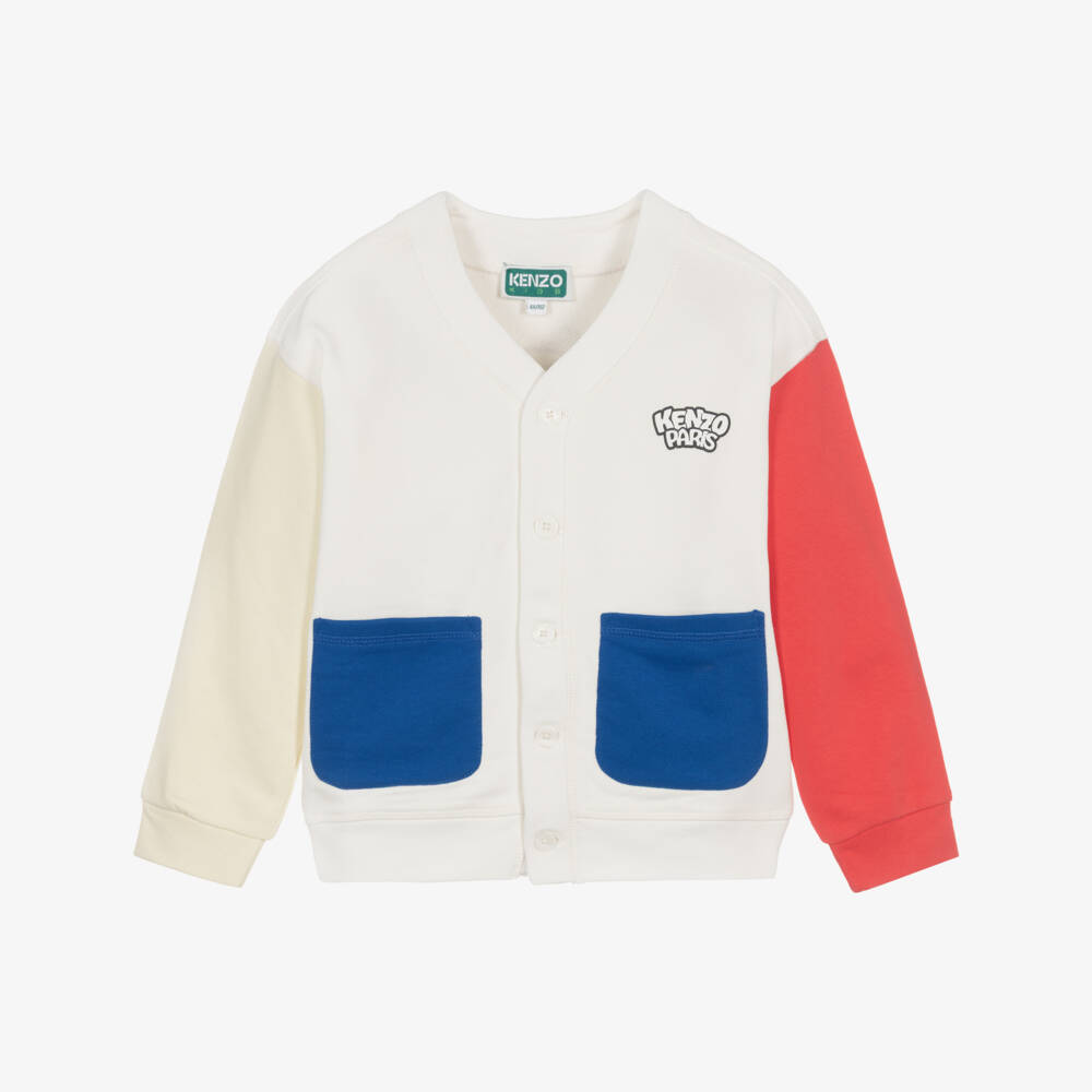 KENZO KIDS-Boys White Cotton Colourblock V-Neck Cardigan | Childrensalon
