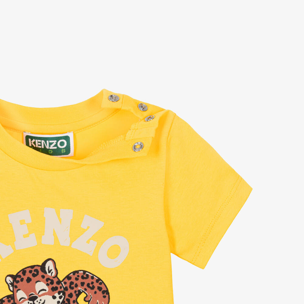 KENZO KIDS-Boys Yellow Cotton T-Shirt with Leopard Print Graphic | Childrensalon