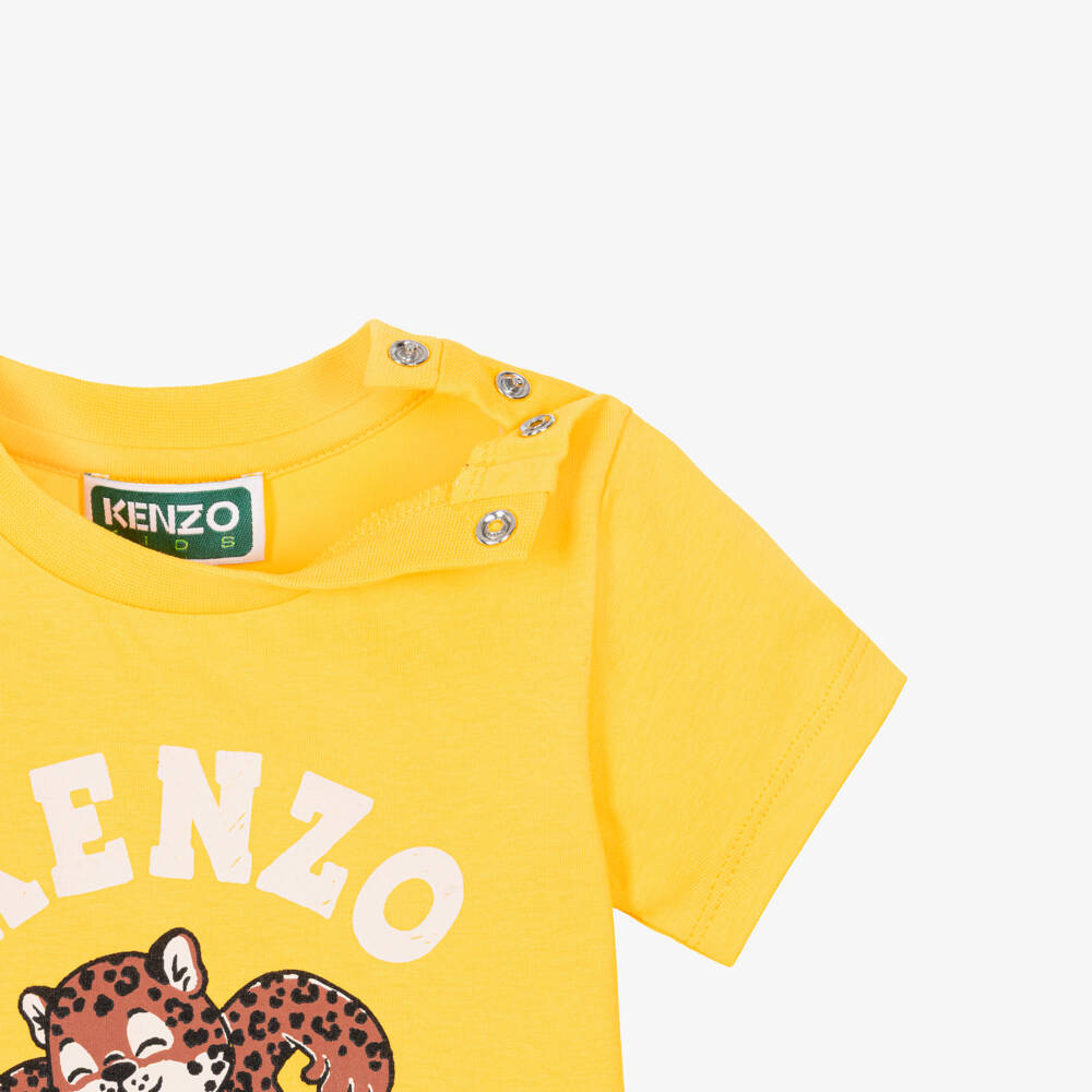 KENZO KIDS-Boys Yellow Cotton T-Shirt with Playful Leopard Print | Childrensalon