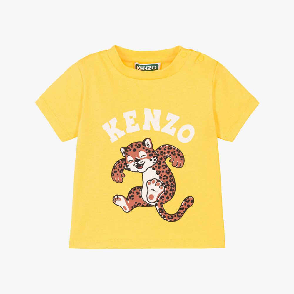 KENZO KIDS-Boys Yellow Cotton T-Shirt with Playful Leopard Print | Childrensalon