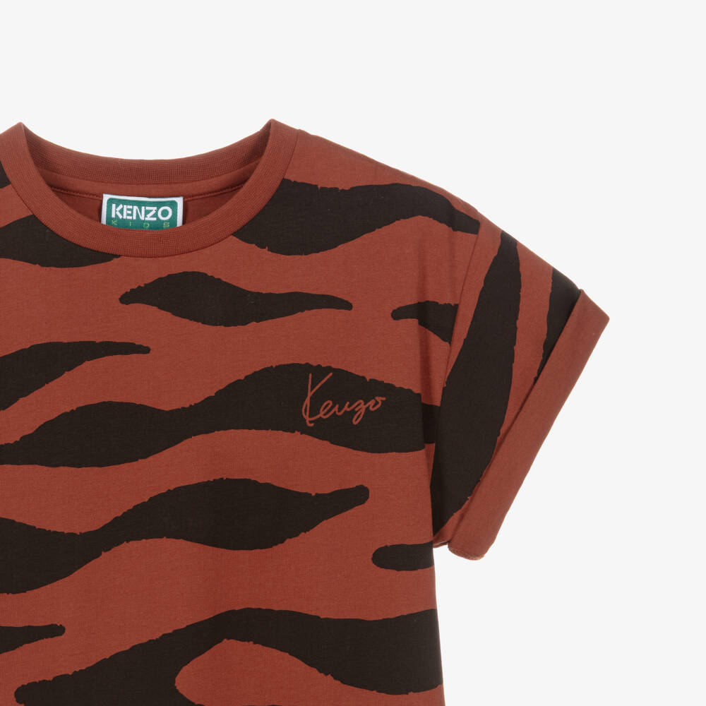 KENZO KIDS-Brown Cotton T-Shirt with Tiger Print | Childrensalon