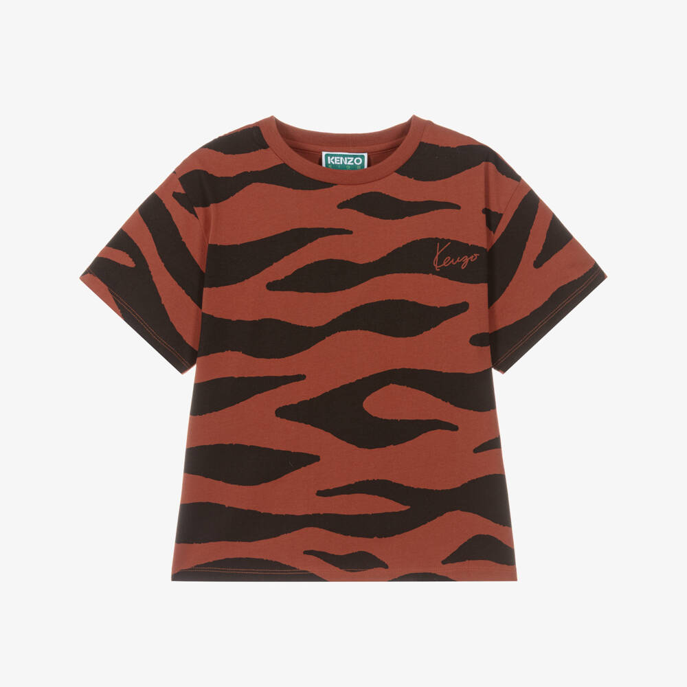 KENZO KIDS-Brown Cotton T-Shirt with Tiger Print | Childrensalon