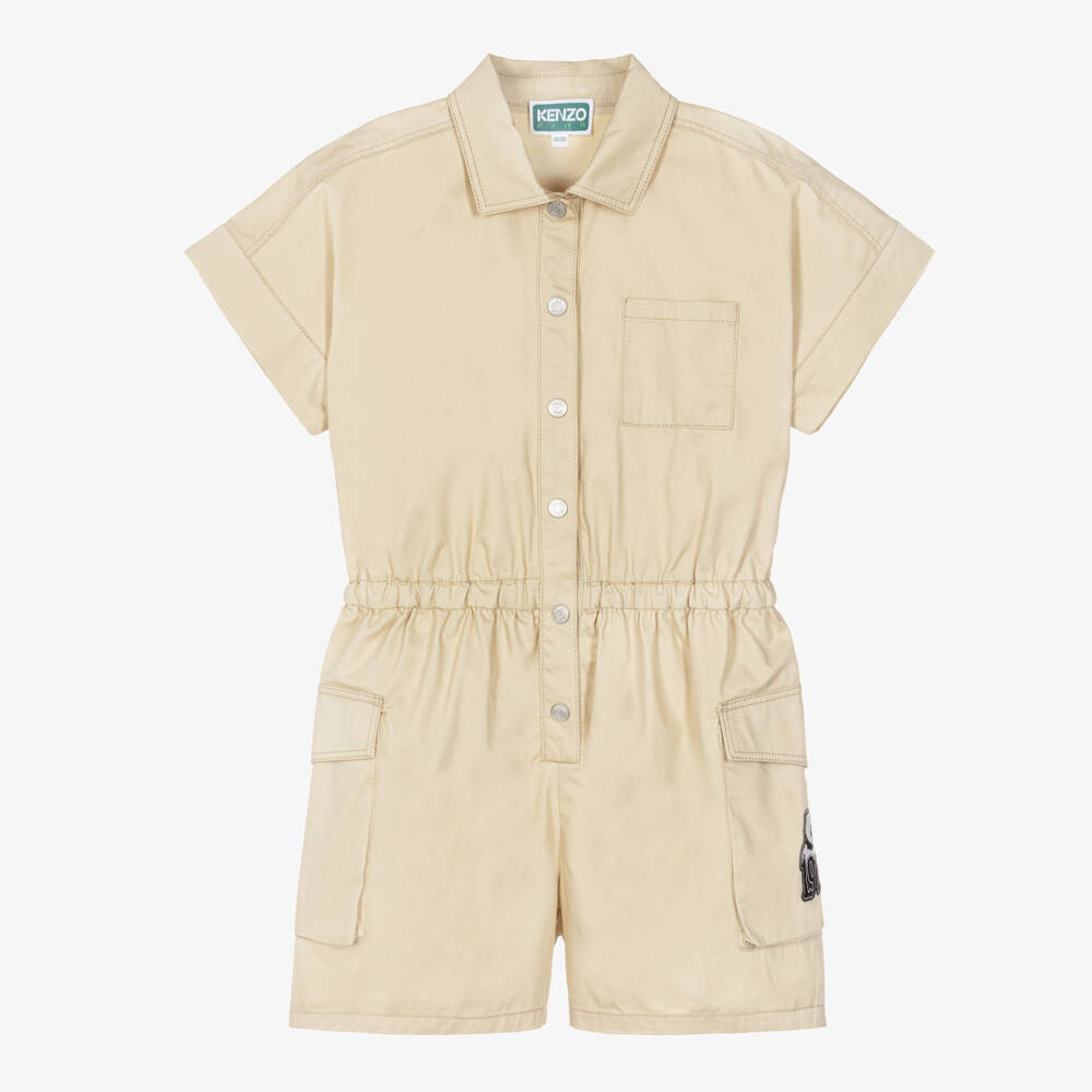KENZO KIDS-Girls Beige Cotton Playsuit with Elephant Logo Patch | Childrensalon