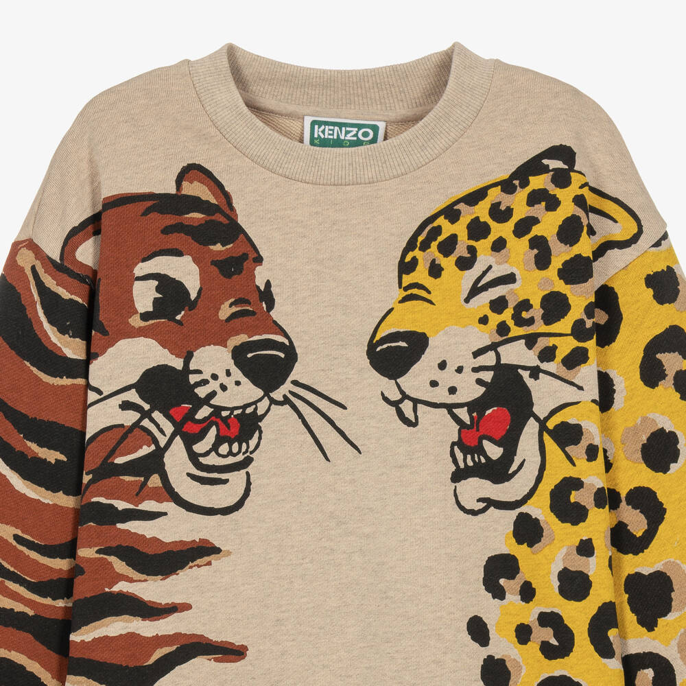 KENZO KIDS-Girls Beige Marl Sweatshirt Dress with Tiger & Panther Print | Childrensalon