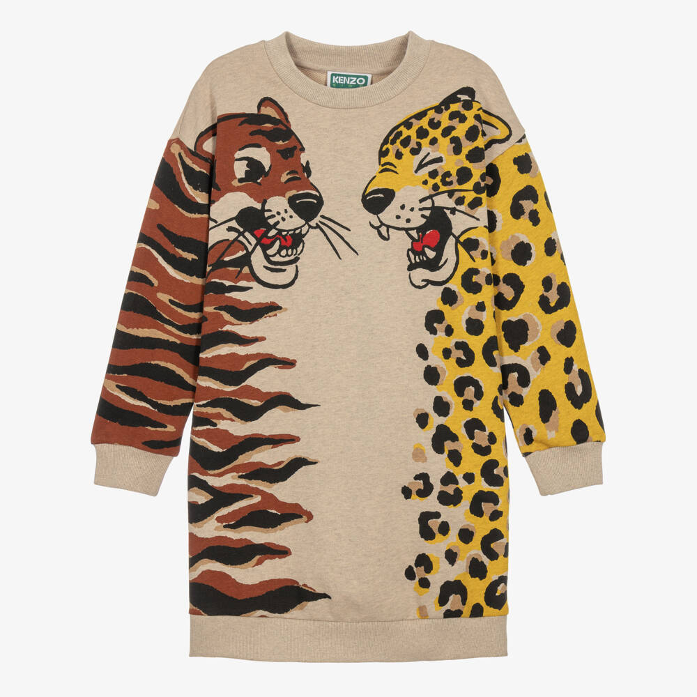 KENZO KIDS-Girls Beige Marl Sweatshirt Dress with Tiger & Panther Print | Childrensalon