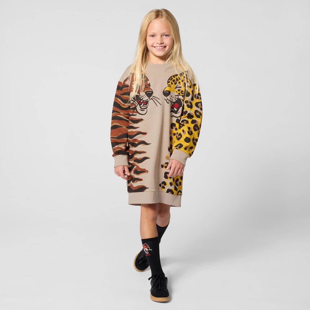 KENZO KIDS-Girls Beige Marl Sweatshirt Dress with Tiger & Panther Print | Childrensalon