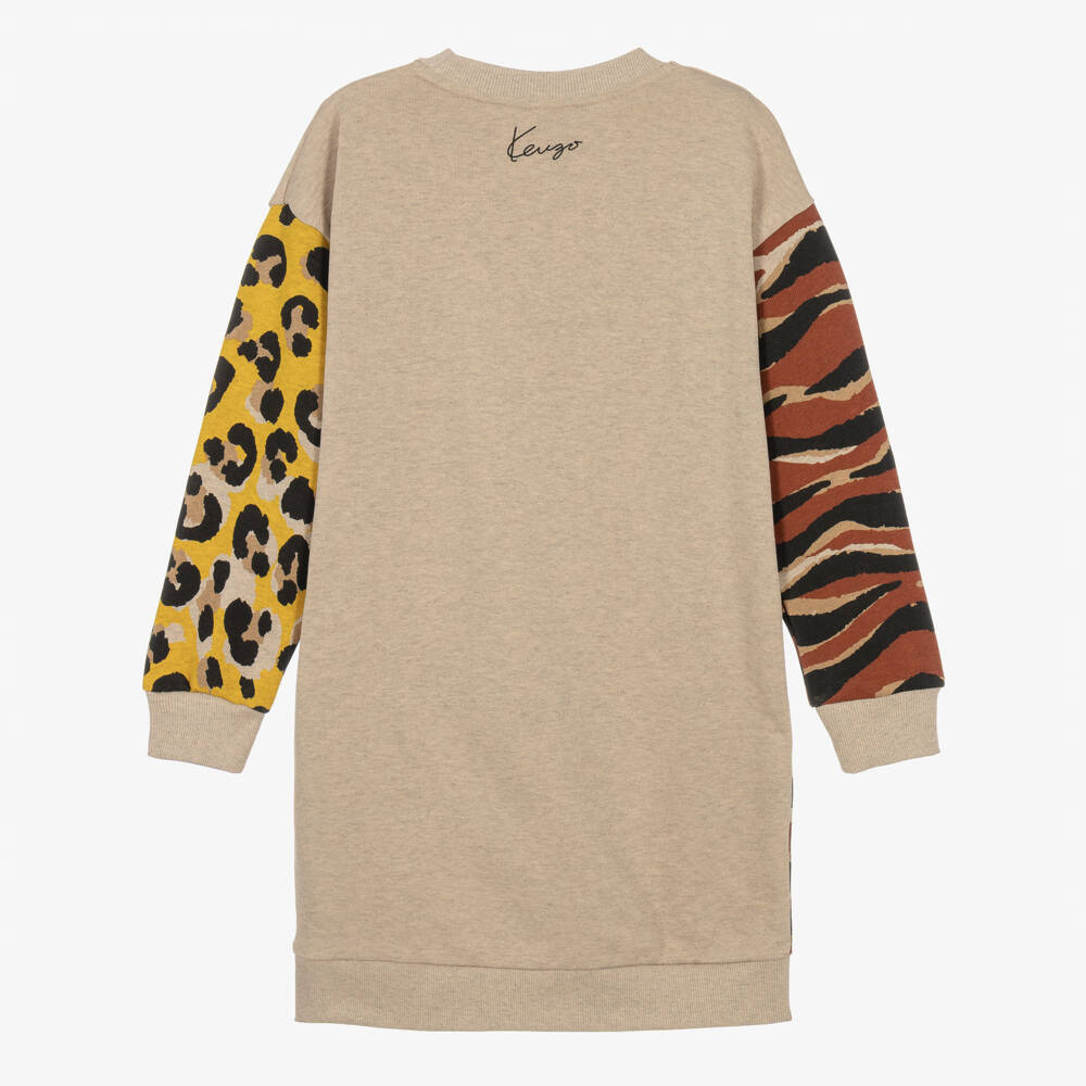 KENZO KIDS-Girls Beige Marl Sweatshirt Dress with Tiger & Panther Print | Childrensalon
