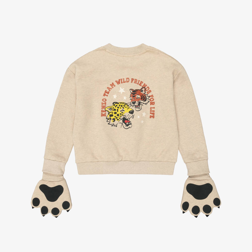 KENZO KIDS-Girls Beige Sweatshirt with Tiger Paw Mittens | Childrensalon