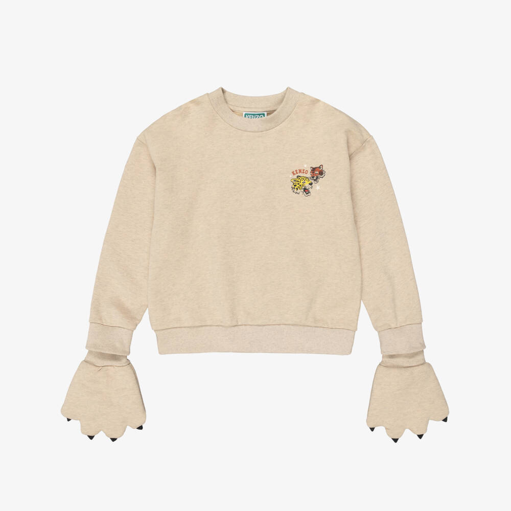 KENZO KIDS-Girls Beige Sweatshirt with Tiger Paw Mittens | Childrensalon