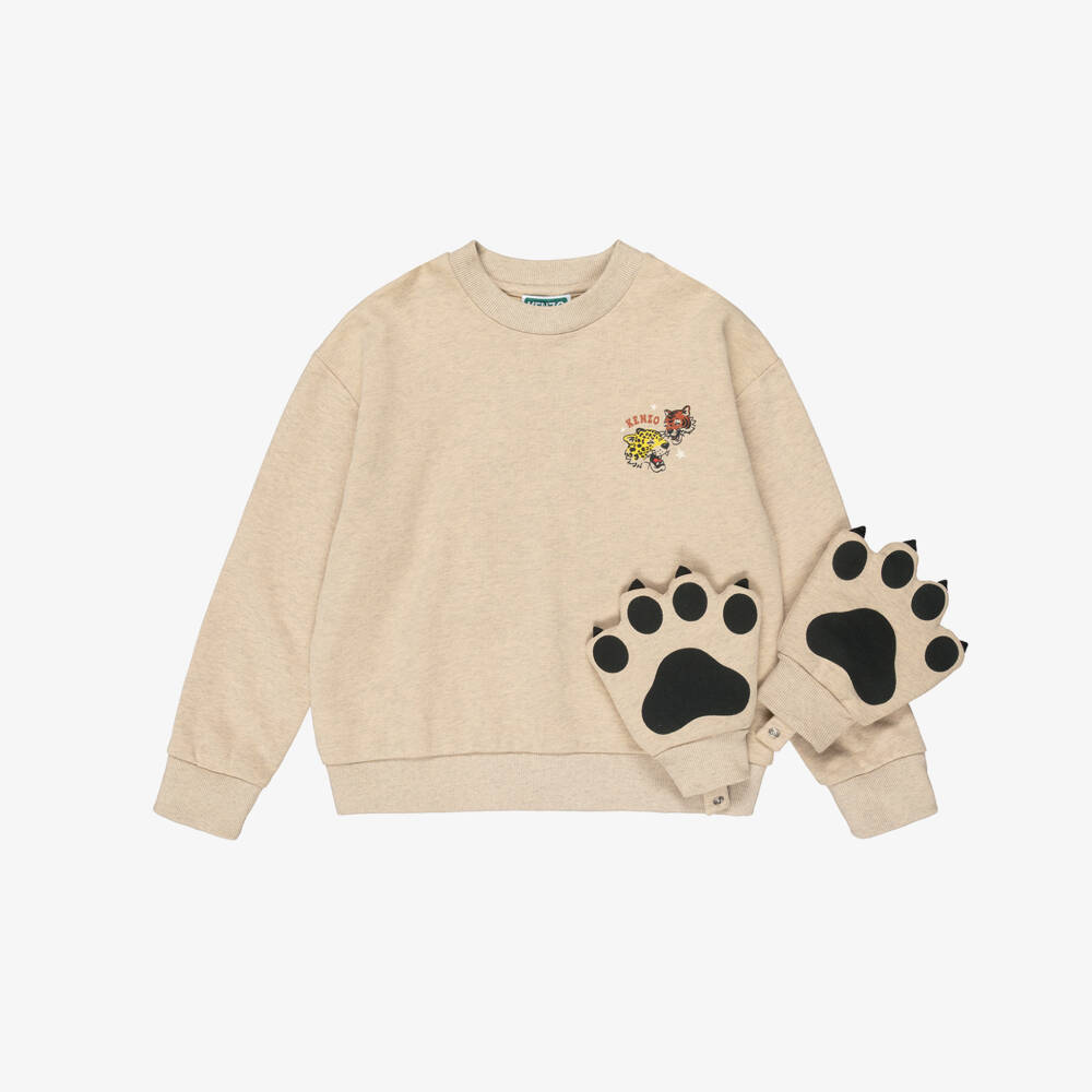 KENZO KIDS-Girls Beige Sweatshirt with Tiger Paw Mittens | Childrensalon