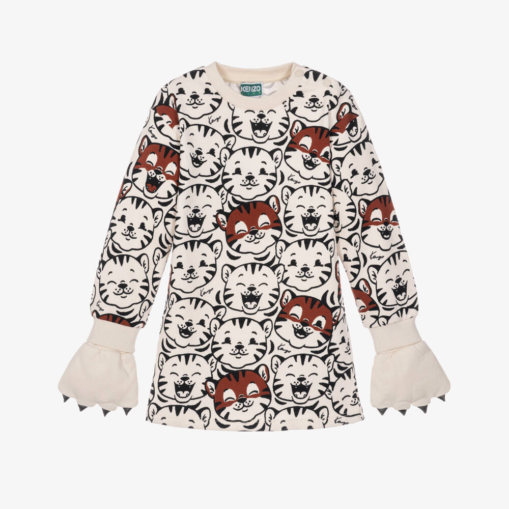 KENZO KIDS-Girls Beige Tiger Dress with Paw Mittens | Childrensalon