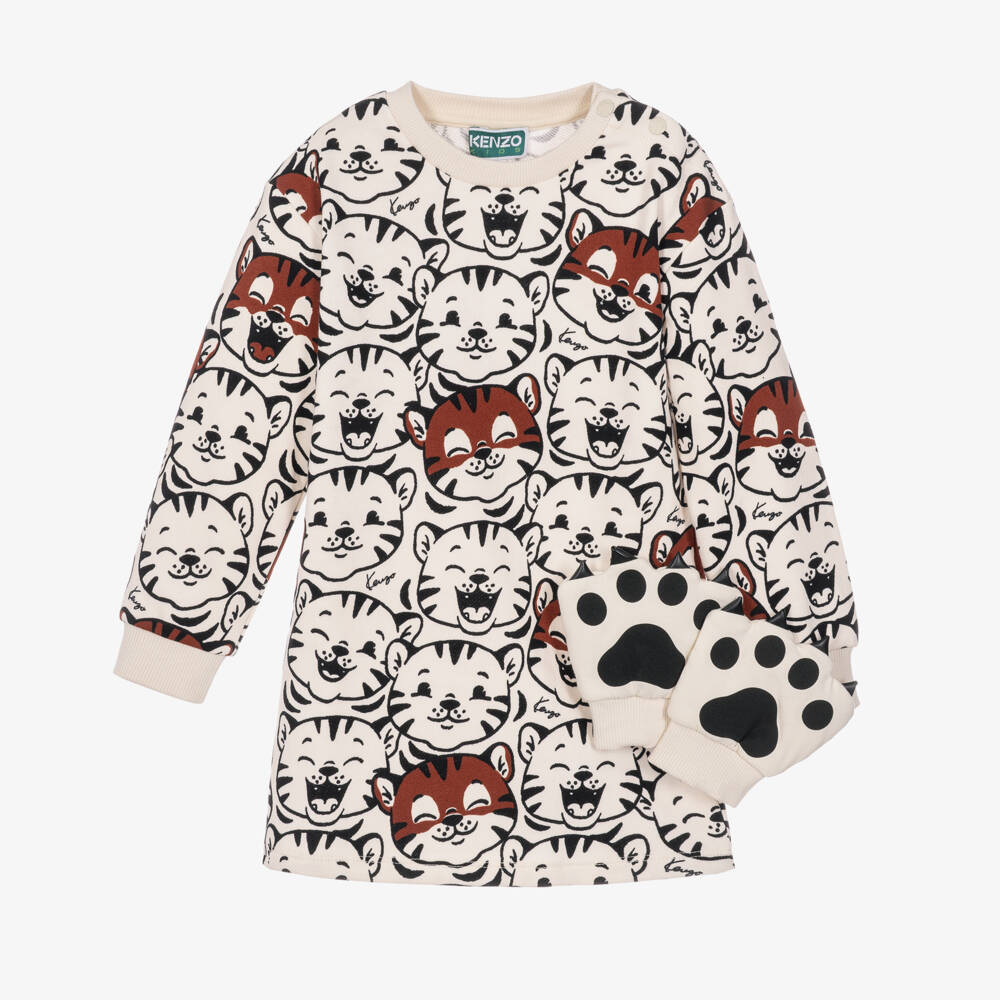 KENZO KIDS-Girls Beige Tiger Dress with Paw Mittens | Childrensalon