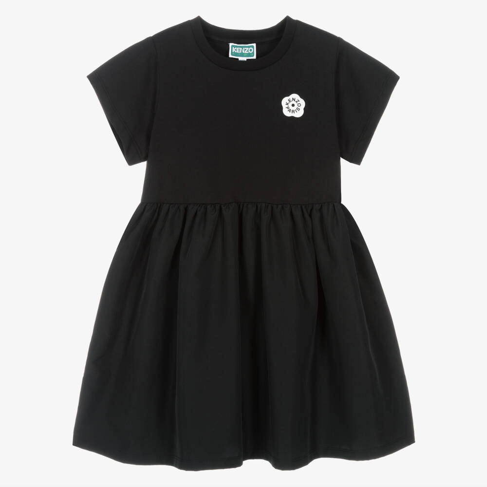 KENZO KIDS-Girls Black Jersey & Taffeta Dress with Boke Flower Logo | Childrensalon