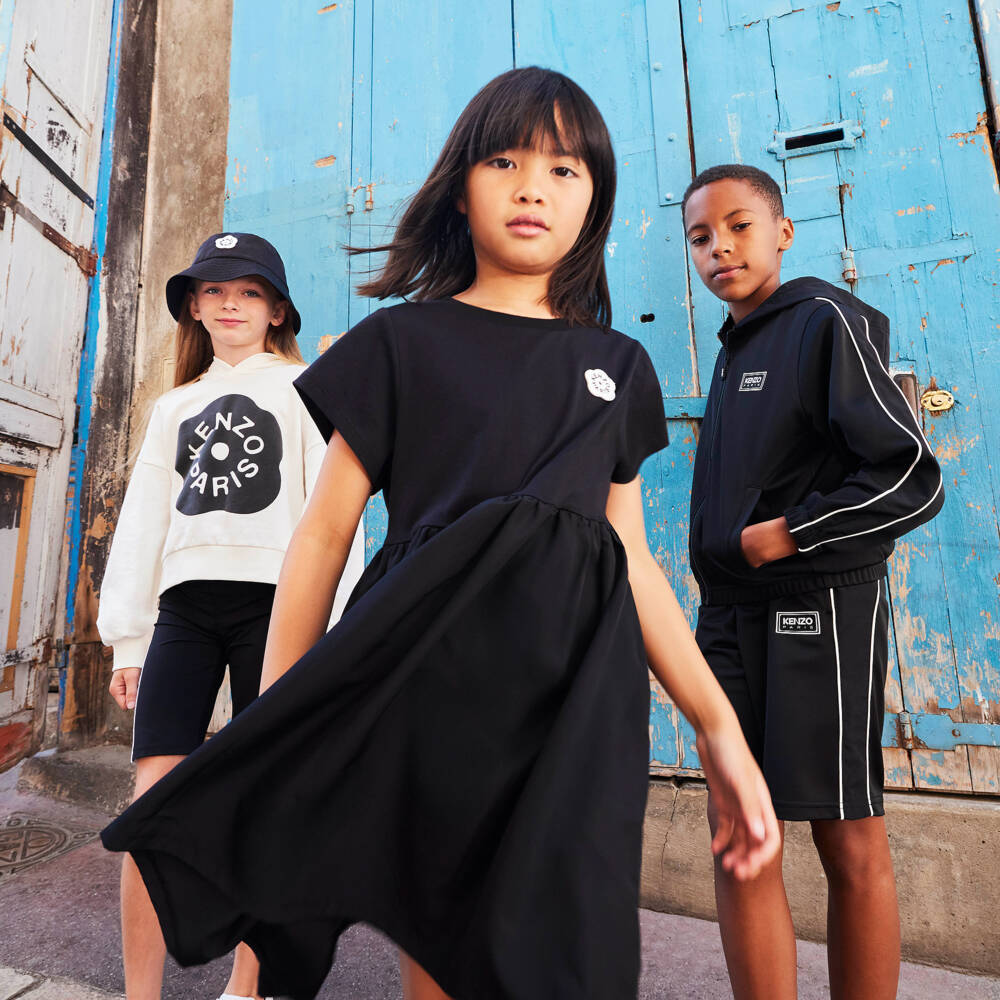 KENZO KIDS-Платье черное из трикотажа и тафты с Boke Flower для девочек | Childrensalon