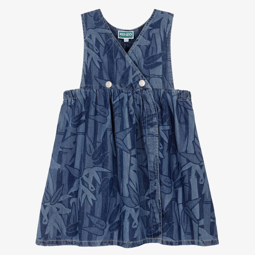 KENZO KIDS-Girls Blue Bamboo Print Denim Pinafore Dress | Childrensalon