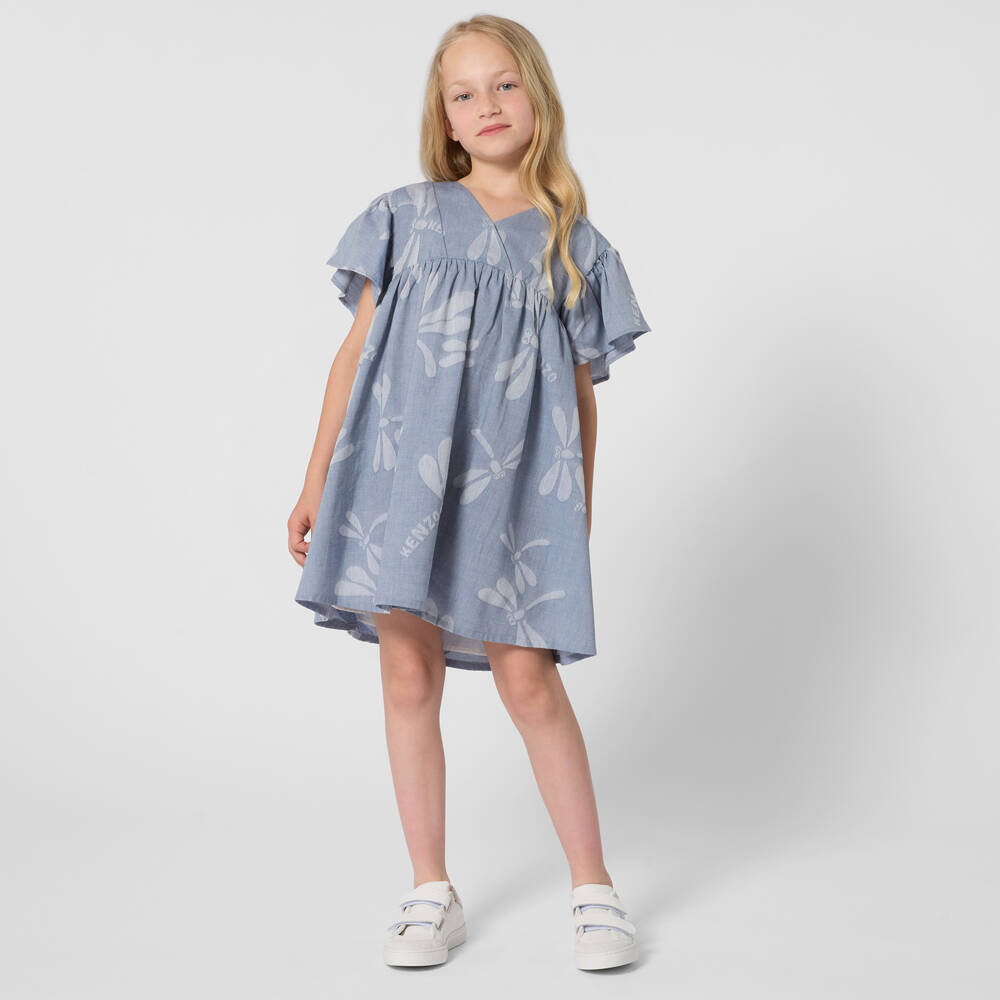 KENZO KIDS-Girls Blue Cotton Jacquard Dragonfly Dress | Childrensalon