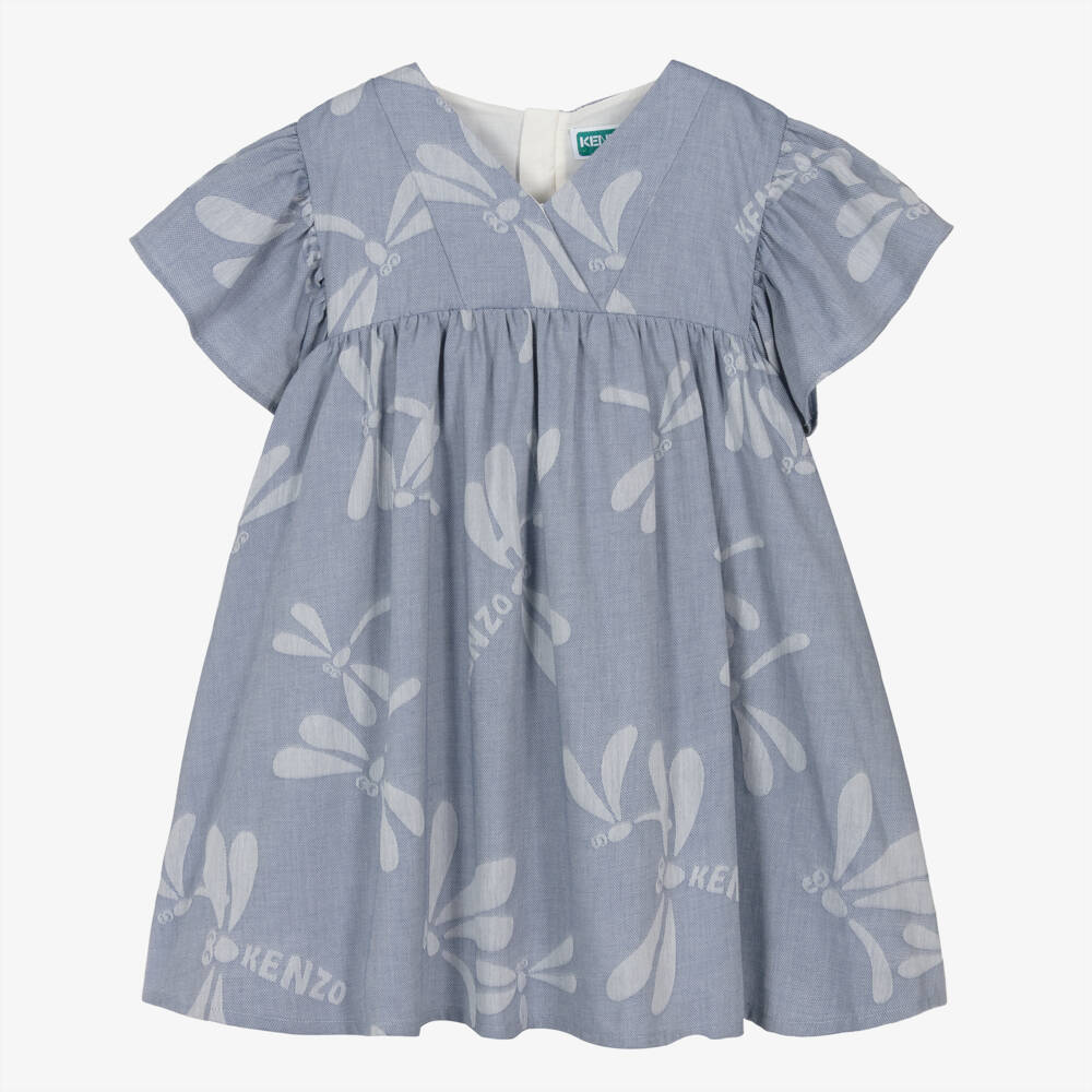 KENZO KIDS-Girls Blue Cotton Jacquard Dragonfly Logo Dress | Childrensalon