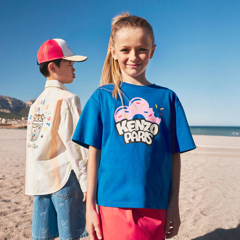 KENZO KIDS-Футболка синяя из хлопкового трикотажа с пончиком для девочек | Childrensalon