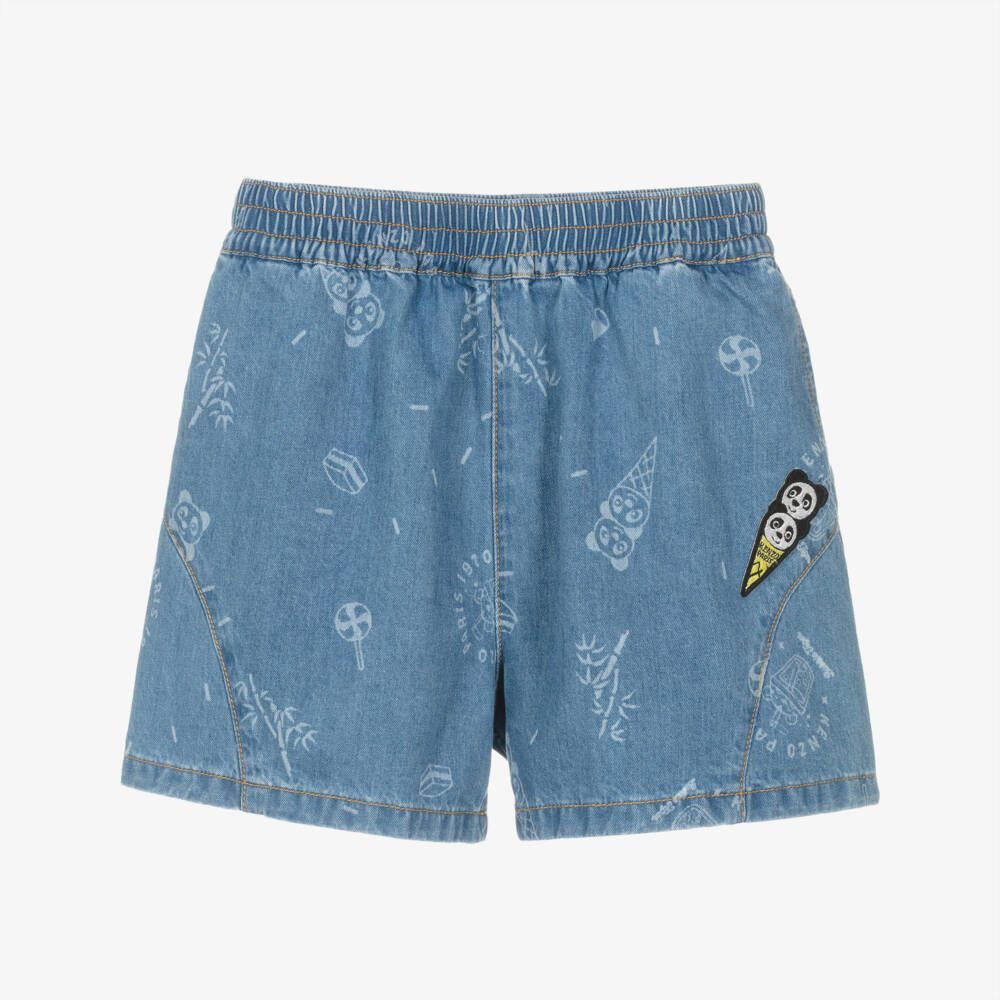 KENZO KIDS-Girls Blue Denim Shorts with All-Over Candy Print | Childrensalon