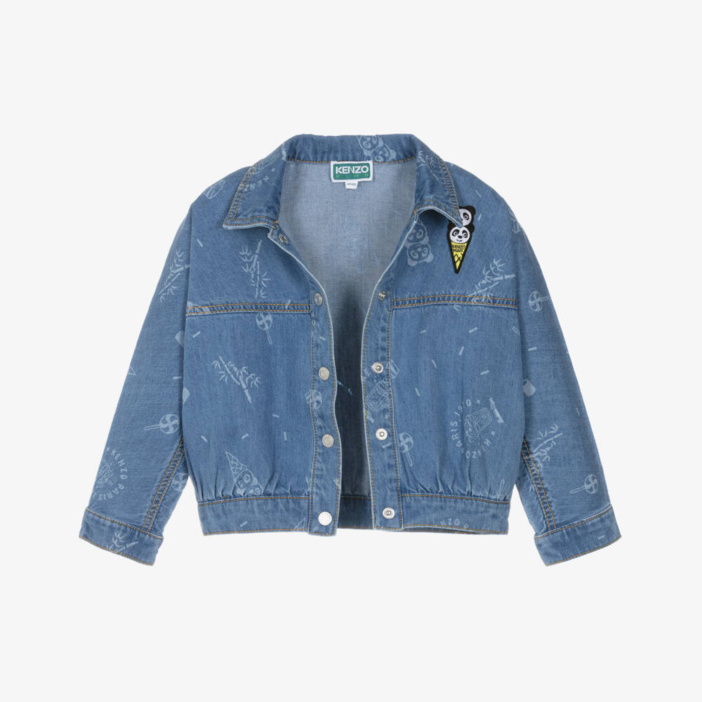 KENZO KIDS-Girls Blue Washed Denim Jacket with Panda Ice Cream Patch | Childrensalon