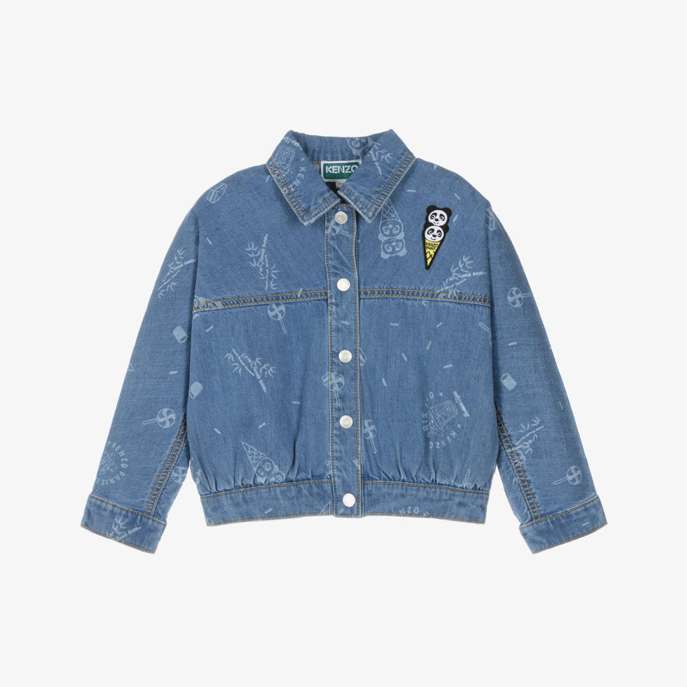 KENZO KIDS-Girls Blue Washed Denim Jacket with Panda Ice Cream Patch | Childrensalon