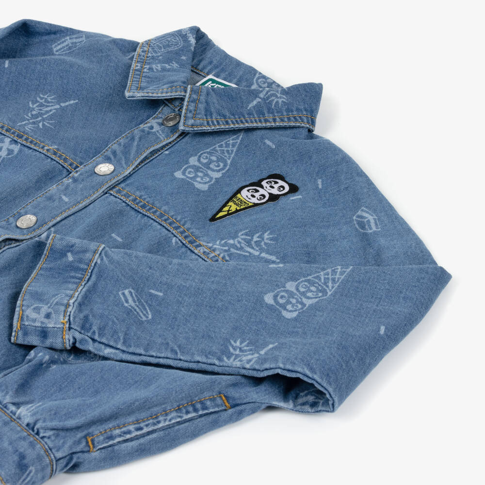 KENZO KIDS-Girls Blue Washed Denim Jacket with Panda Ice Cream Patch | Childrensalon
