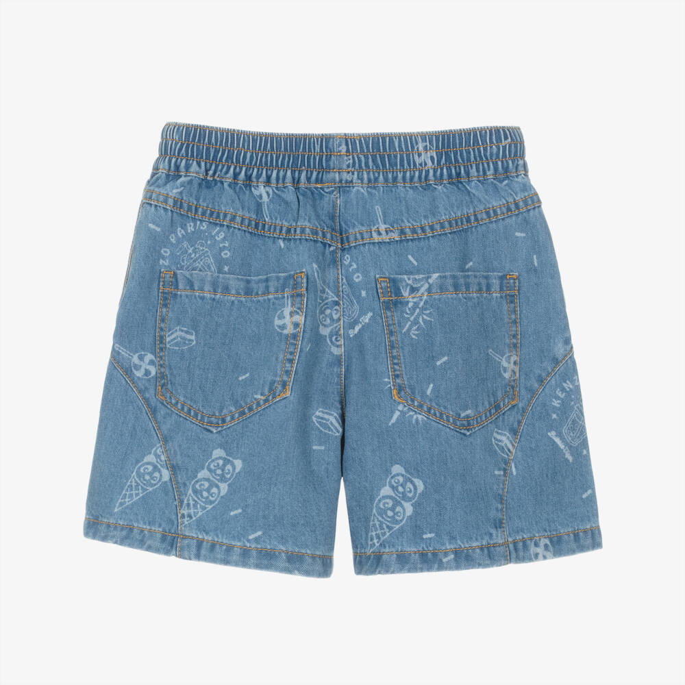 KENZO KIDS-Girls Blue Washed Denim Shorts with Panda Ice Cream Patch | Childrensalon
