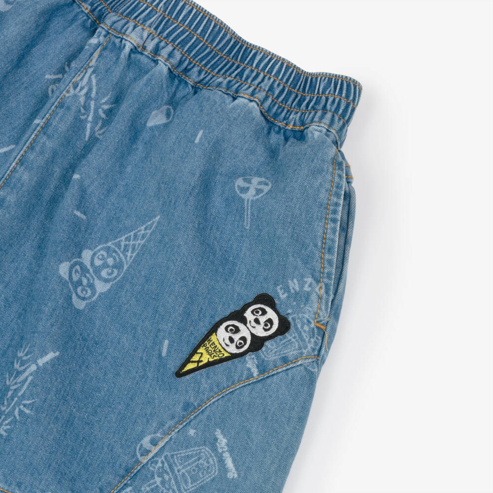 KENZO KIDS-Girls Blue Washed Denim Shorts with Panda Ice Cream Patch | Childrensalon