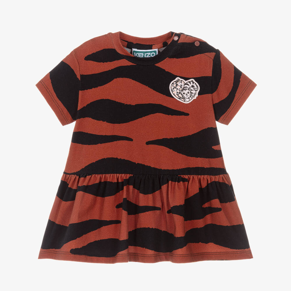 KENZO KIDS-Girls Brown & Black Tiger Print Cotton Dress | Childrensalon