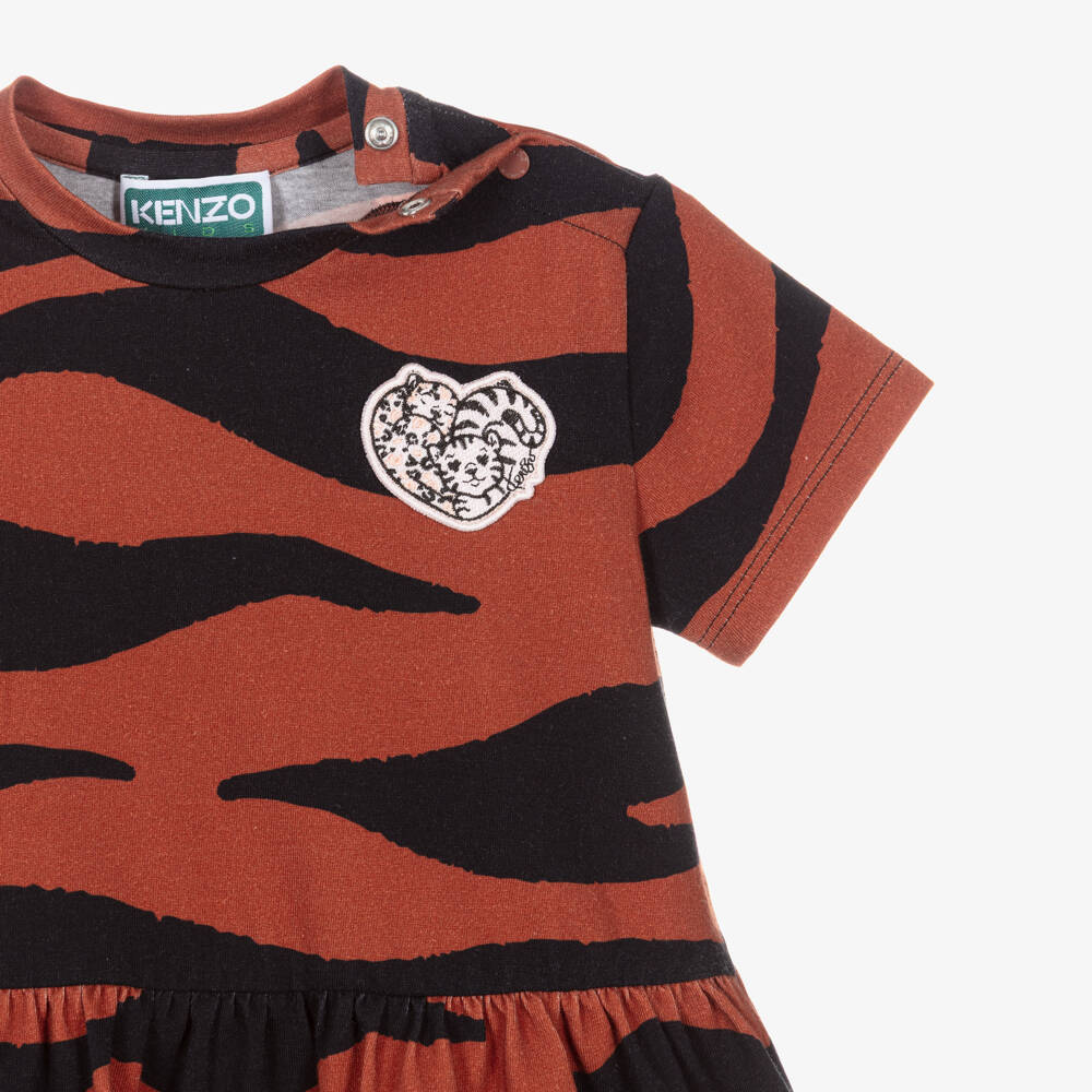 KENZO KIDS-Girls Brown & Black Tiger Print Cotton Dress | Childrensalon