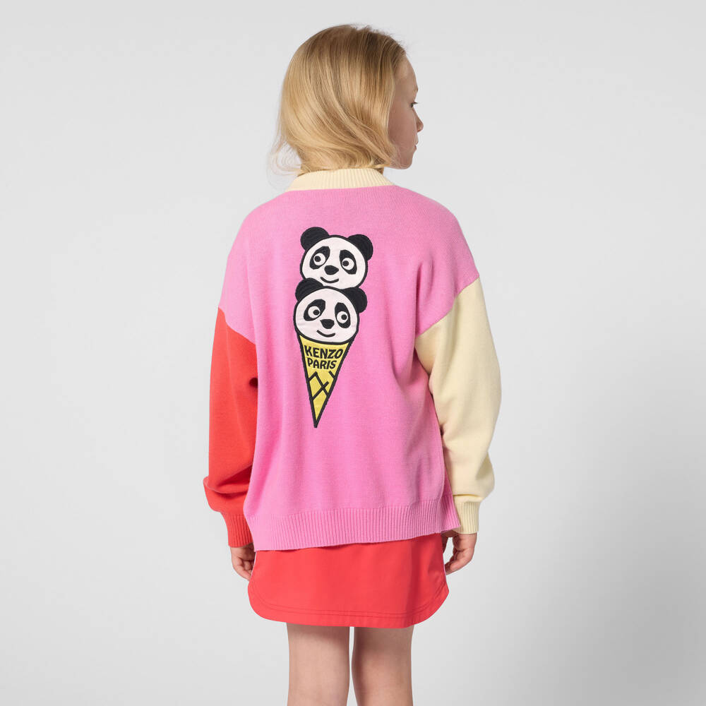KENZO KIDS-Girls Colourblock Cotton Cardigan with Panda Ice Cream Motif | Childrensalon