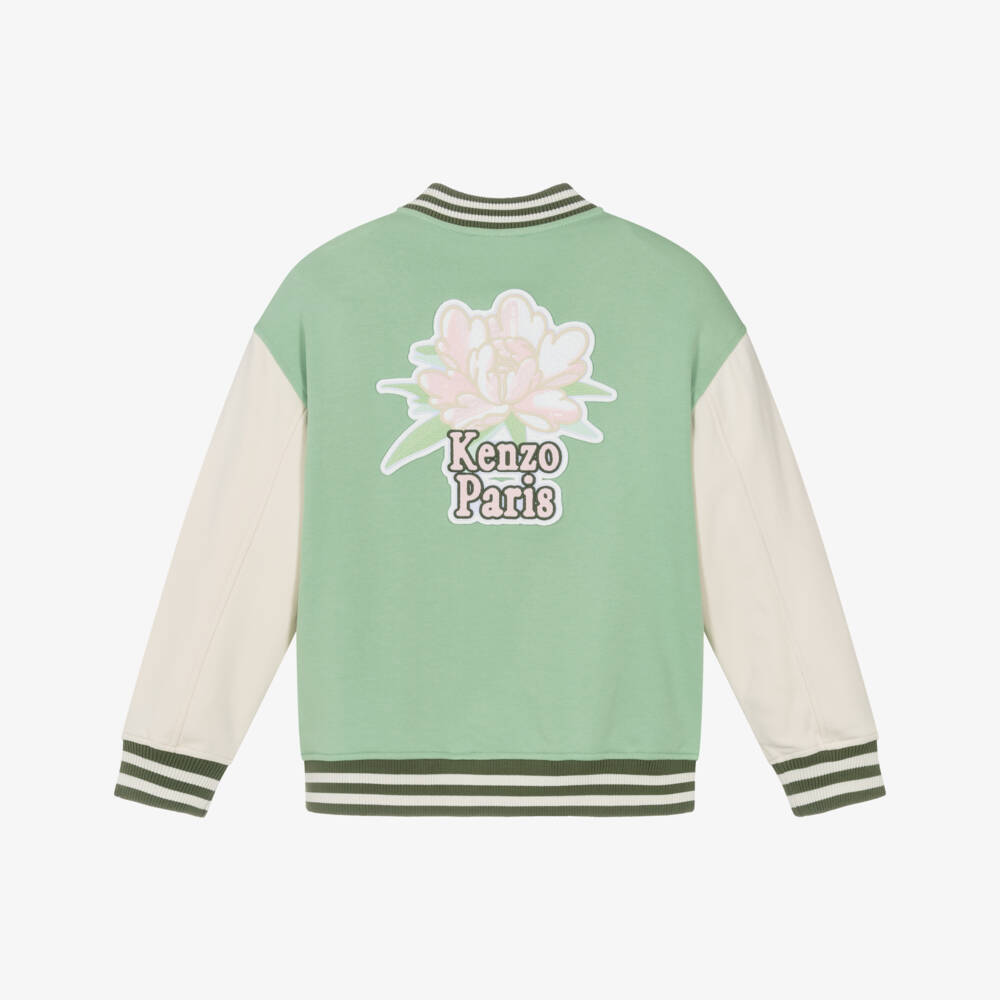 KENZO KIDS-Girls Green Cotton Jersey Varsity Jacket with Peony Logo  | Childrensalon