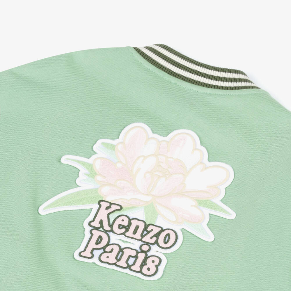 KENZO KIDS-Girls Green Cotton Jersey Varsity Jacket with Peony Logo  | Childrensalon