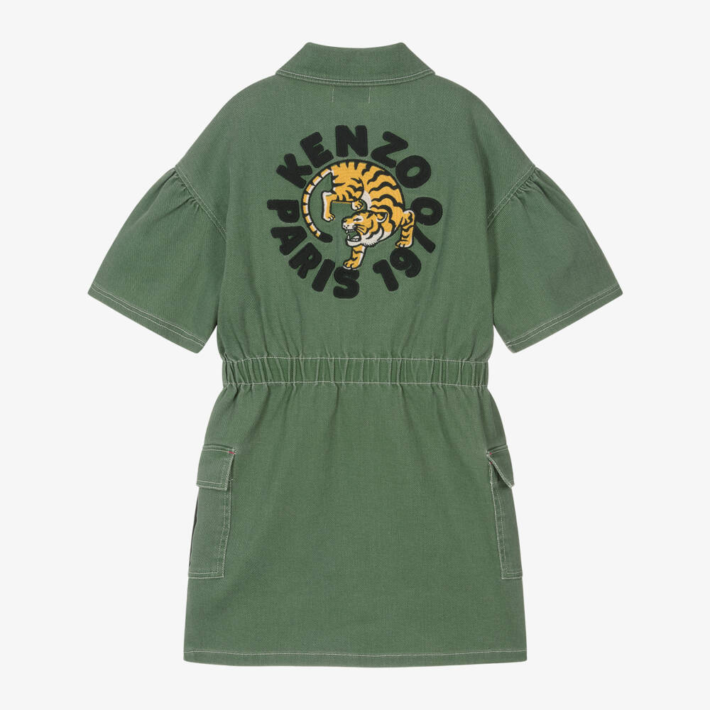 KENZO KIDS-Girls Green Denim Tiger Logo Dress | Childrensalon