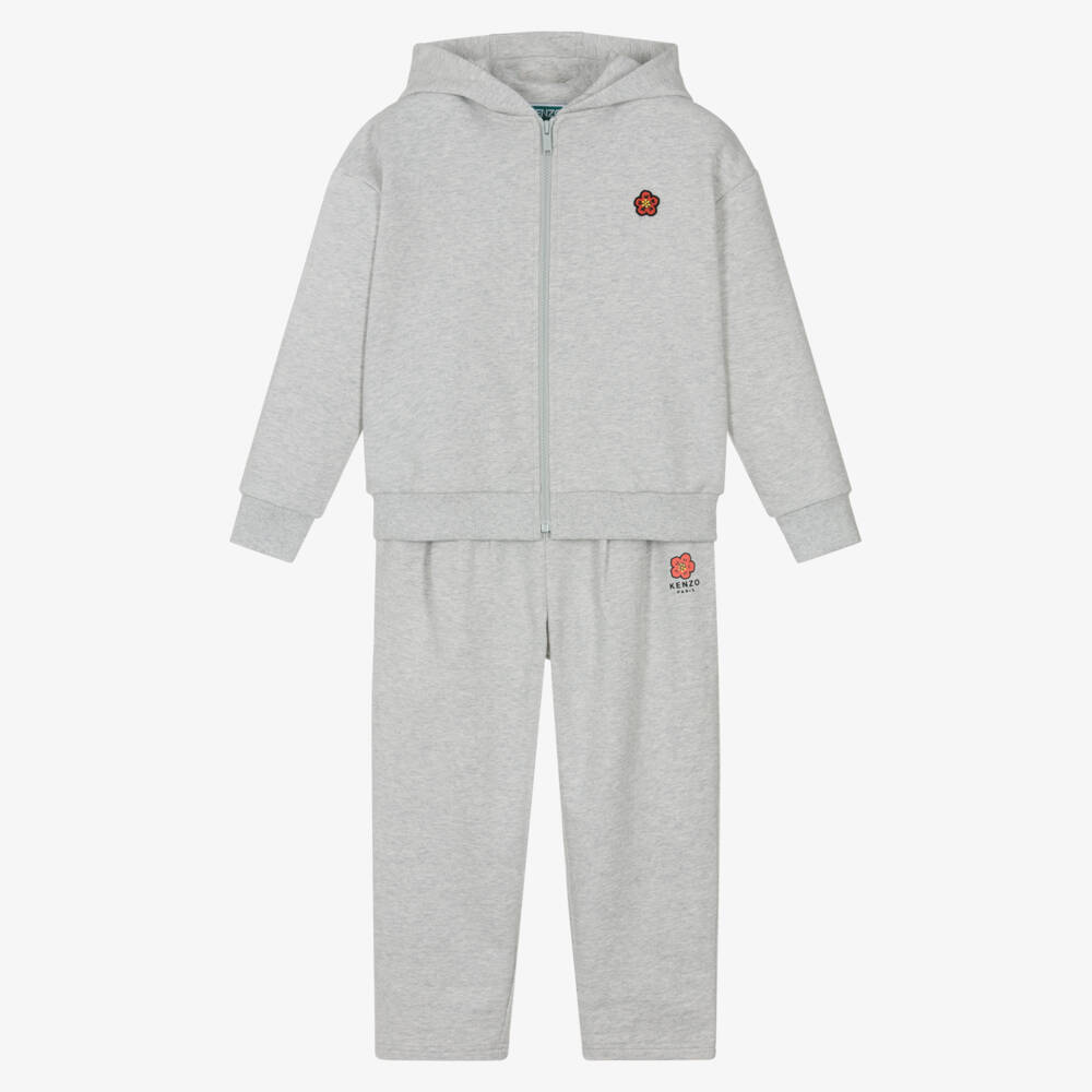 KENZO KIDS-Girls Grey Boke Flower Cotton Jersey Tracksuit | Childrensalon