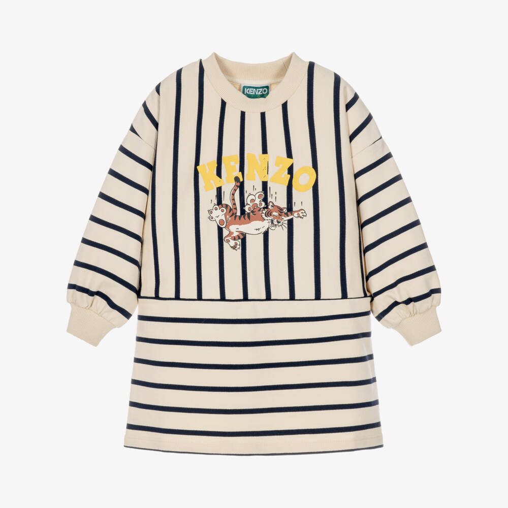 KENZO KIDS-Girls Ivory & Black Striped Dress with Tiger Logo | Childrensalon