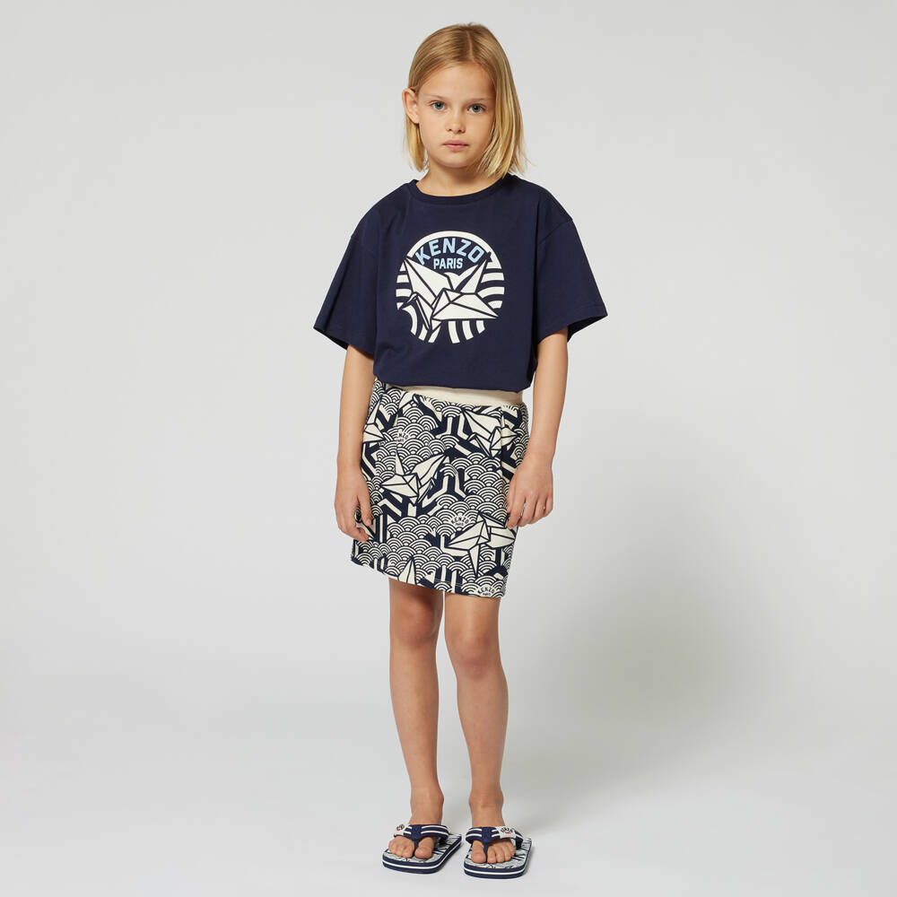KENZO KIDS-Girls Ivory & Blue Cotton Seigaiha Skirt | Childrensalon