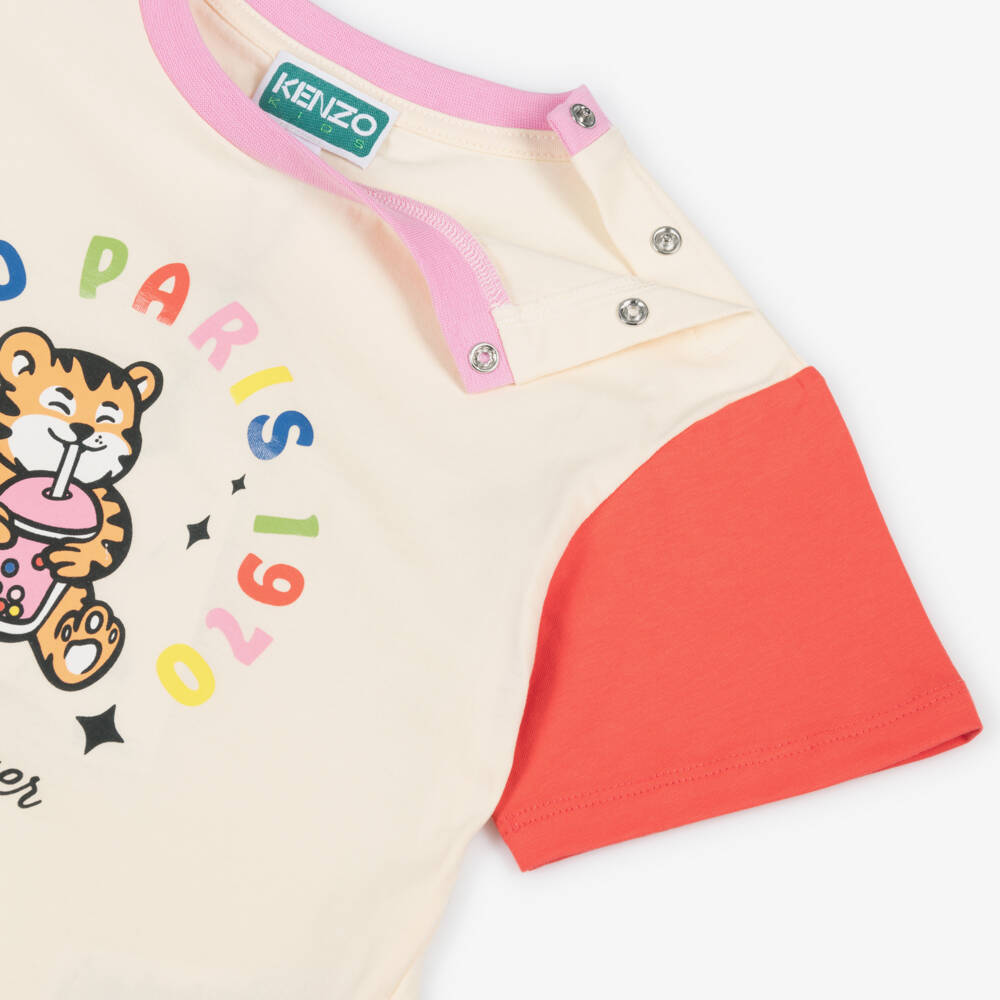 KENZO KIDS-Girls Ivory Cotton Bubble Tiger Logo T-Shirt | Childrensalon