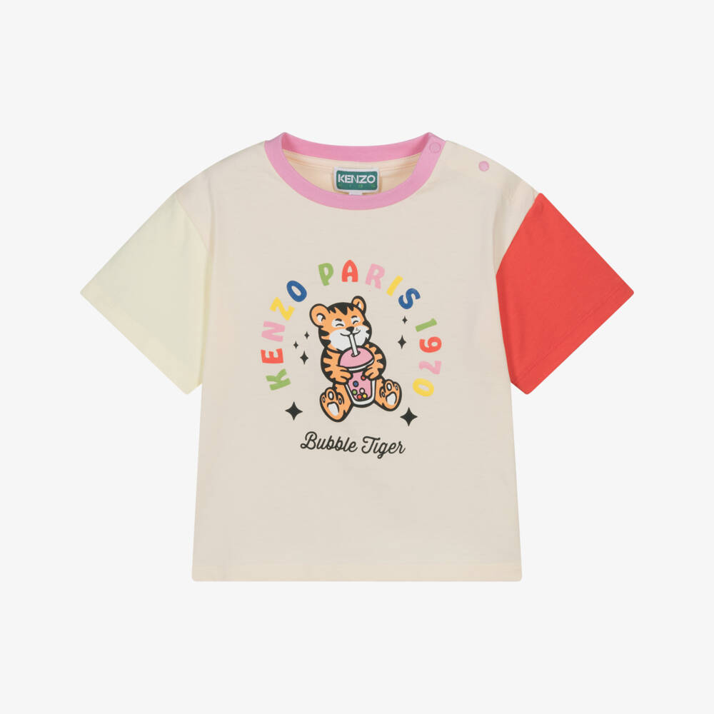 KENZO KIDS-Girls Ivory Cotton Bubble Tiger Logo T-Shirt | Childrensalon