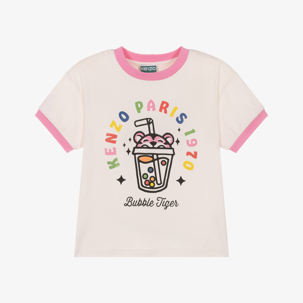 KENZO KIDS-Girls Ivory Cotton Bubble Tiger T-Shirt with Pink Trim | Childrensalon