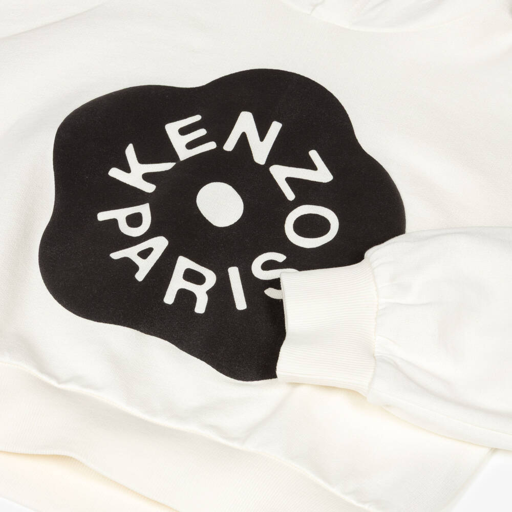 KENZO KIDS-Girls Ivory Cotton Hoodie with Black Boke Flower Print | Childrensalon