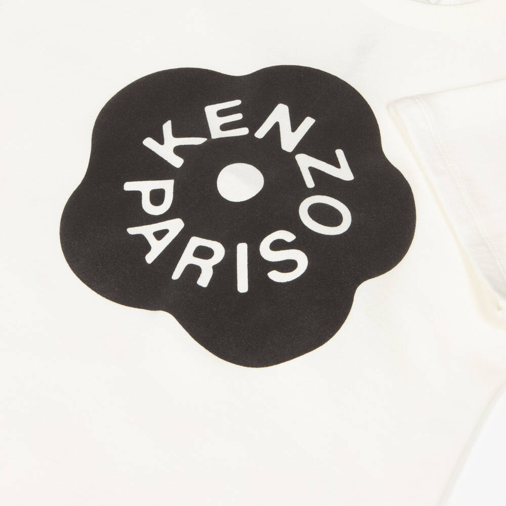 KENZO KIDS-Girls Ivory Cotton Jersey Dress with Black Boke Flower Print | Childrensalon