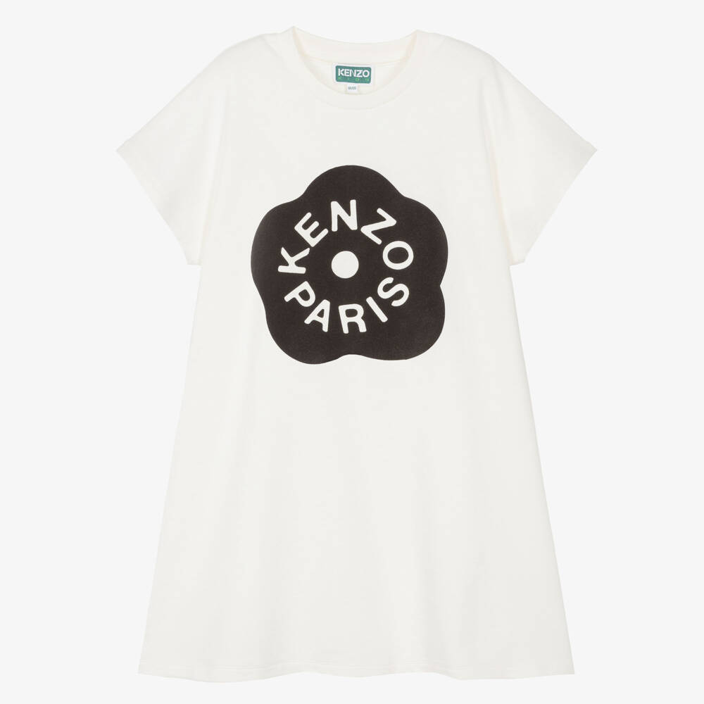 KENZO KIDS-Girls Ivory Cotton Jersey Dress with Black Logo Boke Flower | Childrensalon