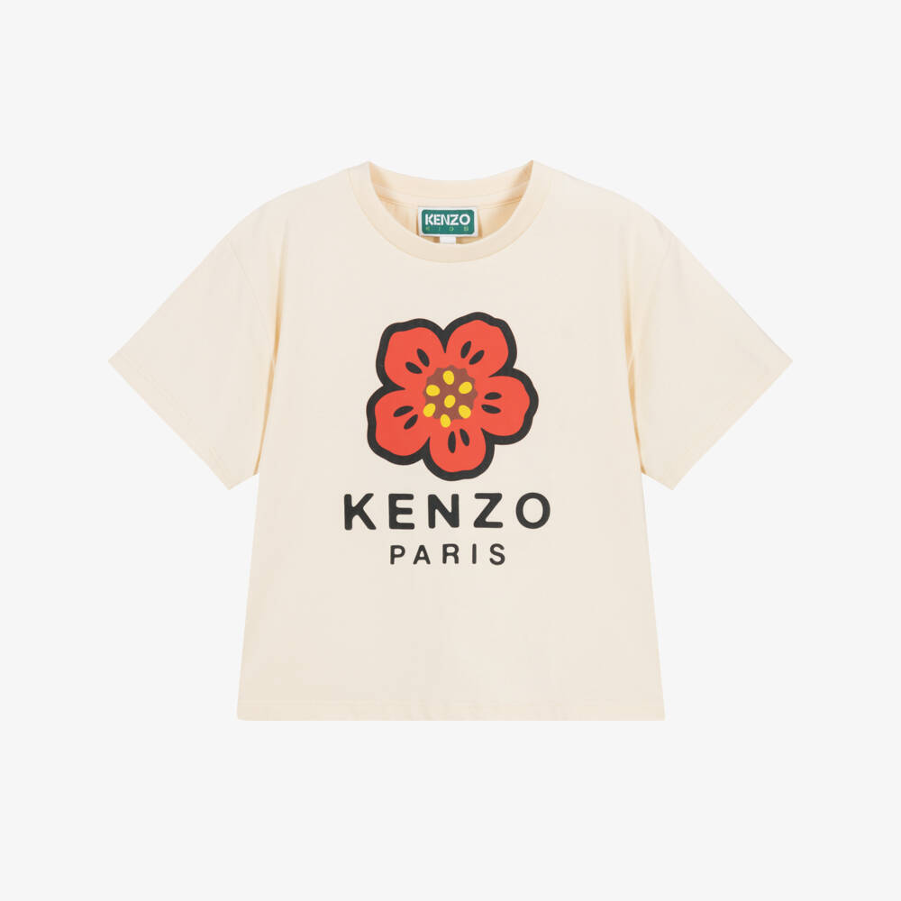 KENZO KIDS-Girls Ivory Cotton T-Shirt with Boke Flower | Childrensalon