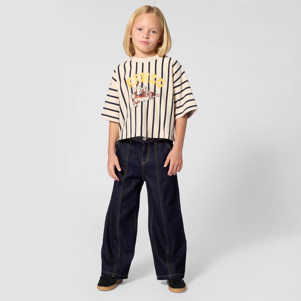 KENZO KIDS-Girls Ivory Cotton T-Shirt with Dark Blue Stripes | Childrensalon