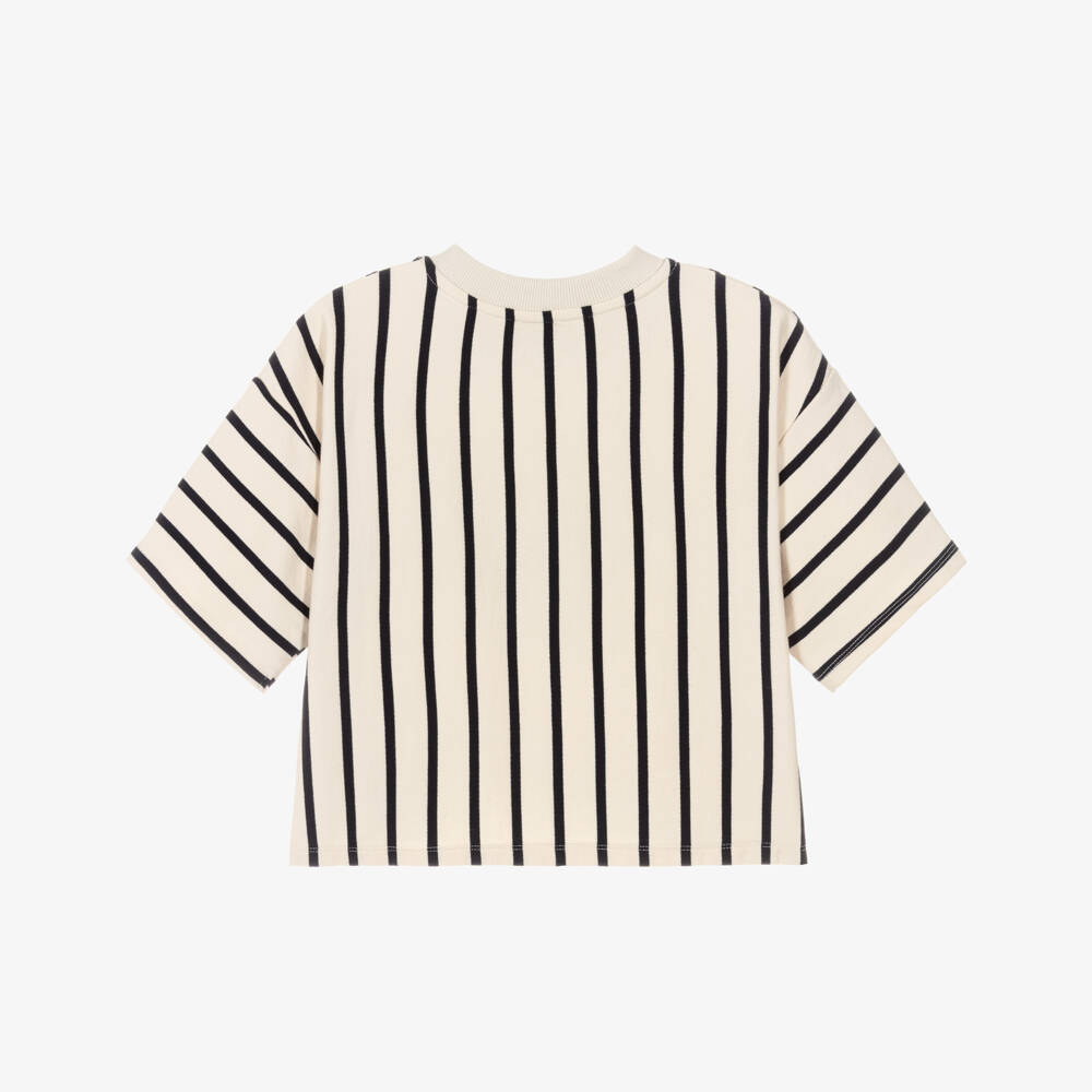 KENZO KIDS-Girls Ivory Cotton T-Shirt with Dark Blue Stripes | Childrensalon