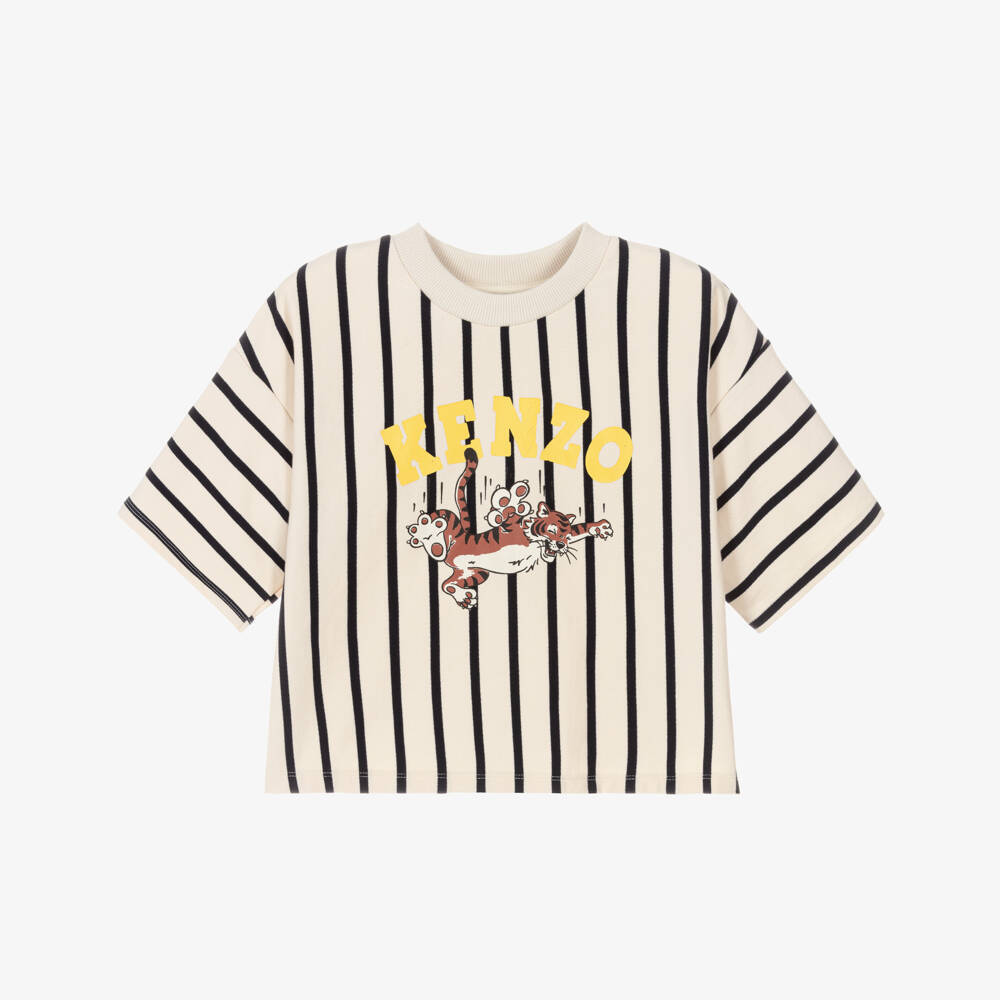 KENZO KIDS-Girls Ivory Cotton T-Shirt with Dark Blue Stripes | Childrensalon