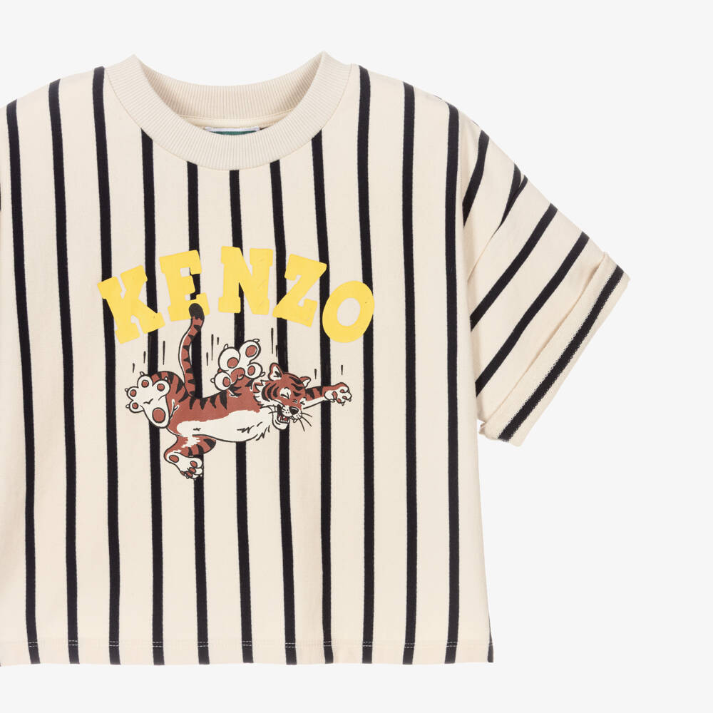 KENZO KIDS-Girls Ivory Cotton T-Shirt with Dark Blue Stripes | Childrensalon